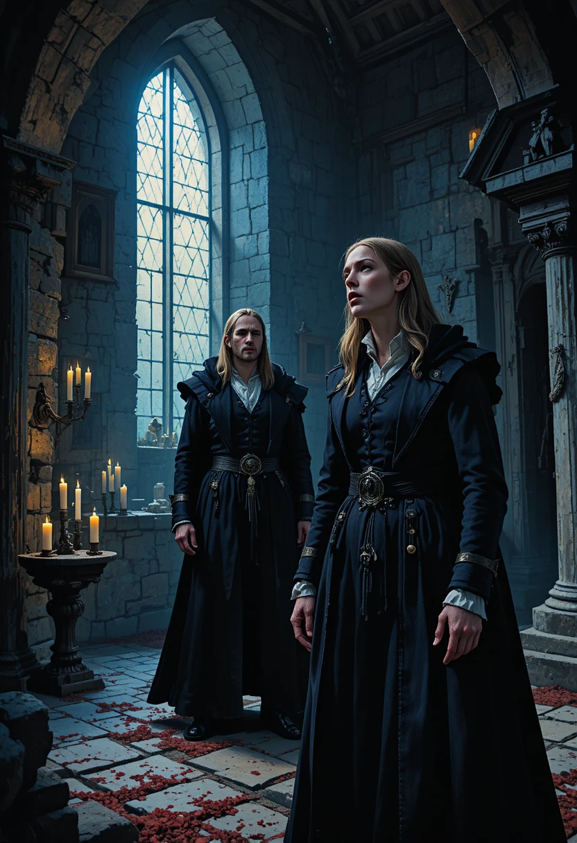 Macbeth e Lady Macbeth em um castelo sombrio após o assassinato de Duncan