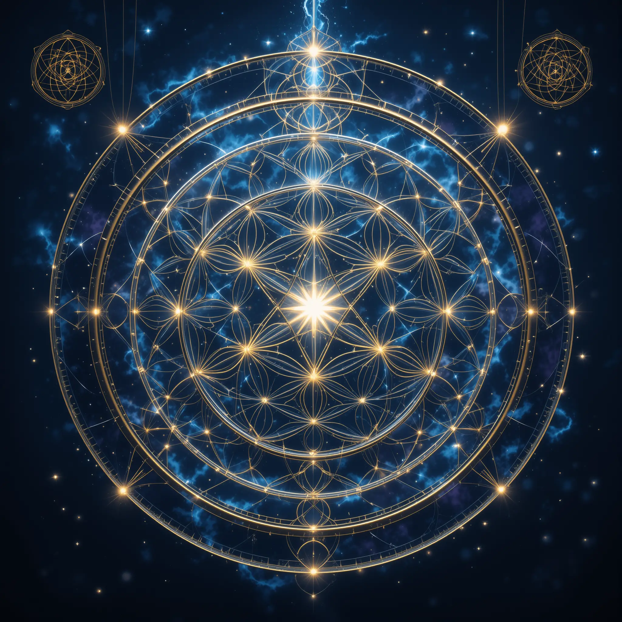 Sacred geometric mandala glowing against a midnight cosmic starfield