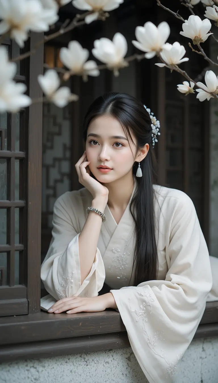 身穿刺繡漢服的女子倚靠在雕花格窗旁