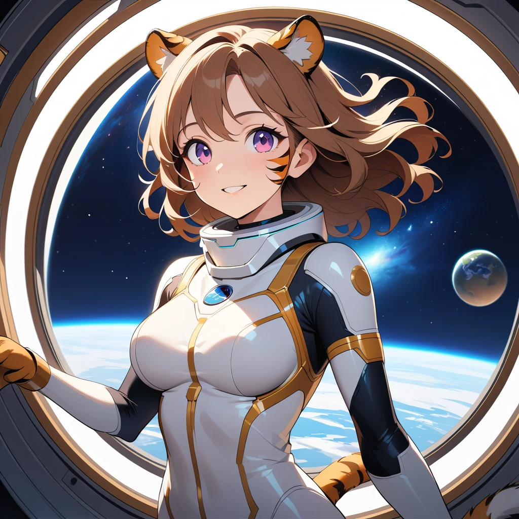 Mulher-tigre dentro da cúpula de uma estação espacial futurista