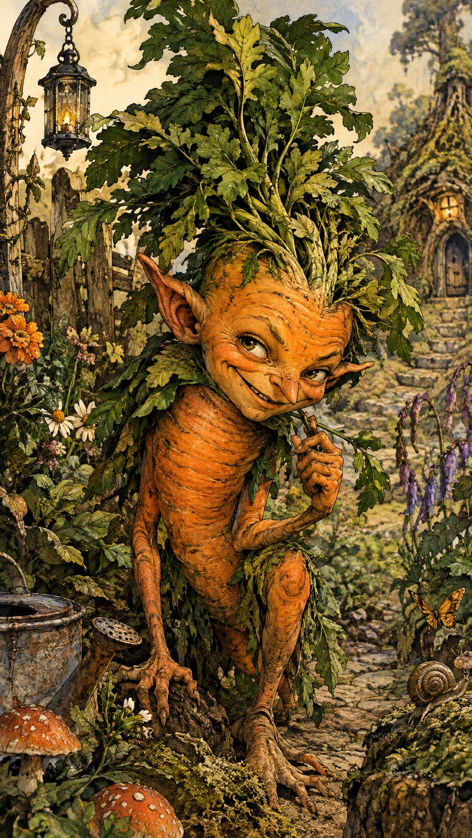 Um goblin com corpo de cenoura sorri maliciosamente num jardim encantado