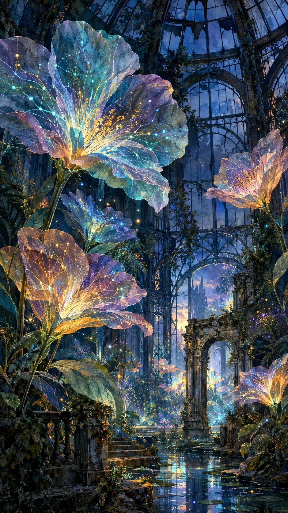 Des fleurs translucides éclosent parmi les ruines d'une serre en verre abandonnée