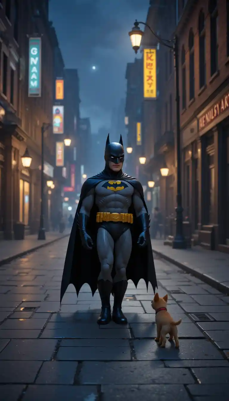 Batman encontra um cão perdido numa rua escura de Gotham