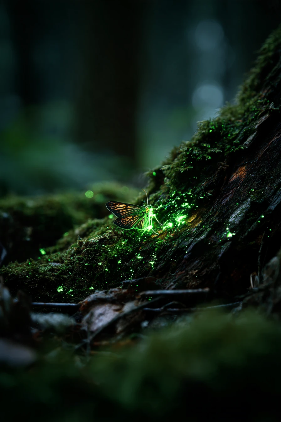 Uma mariposa luminosa repousa sobre a casca musgosa de uma árvore em uma floresta encantada