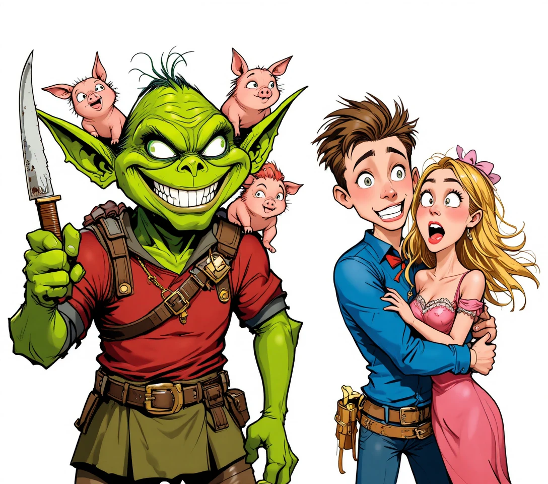 Um goblin sorridente segura uma faca, com dois porcos empoleirados nas suas costas