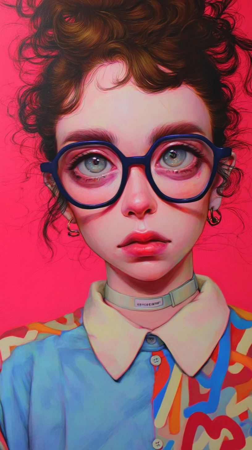 Retrato ilustrado de uma jovem com olhos expressivos e cabelos volumosos