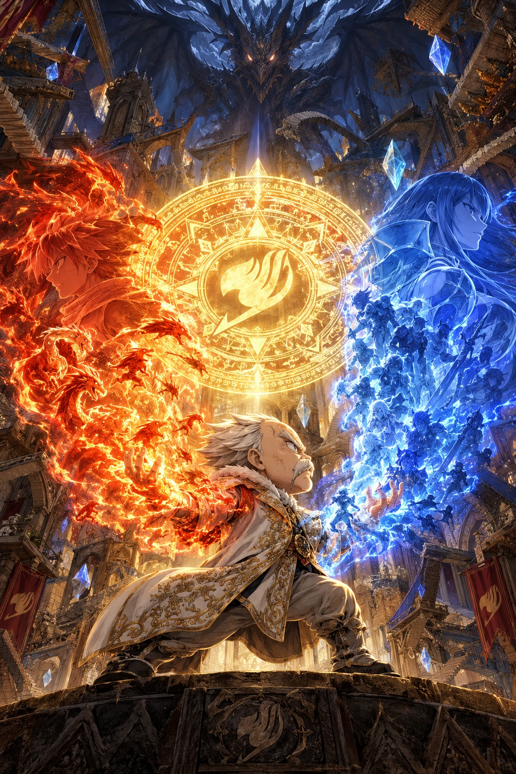 Chibi Makarov sob um círculo radiante em uma catedral mágica