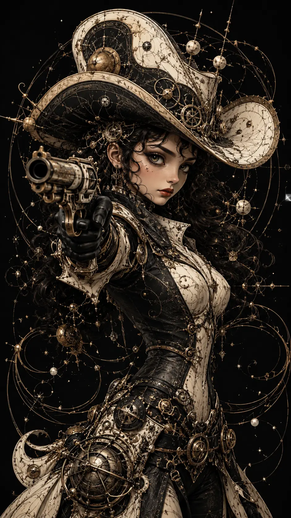 A celestial gunslinger stands ready with an ornate pistol and sculpted hat