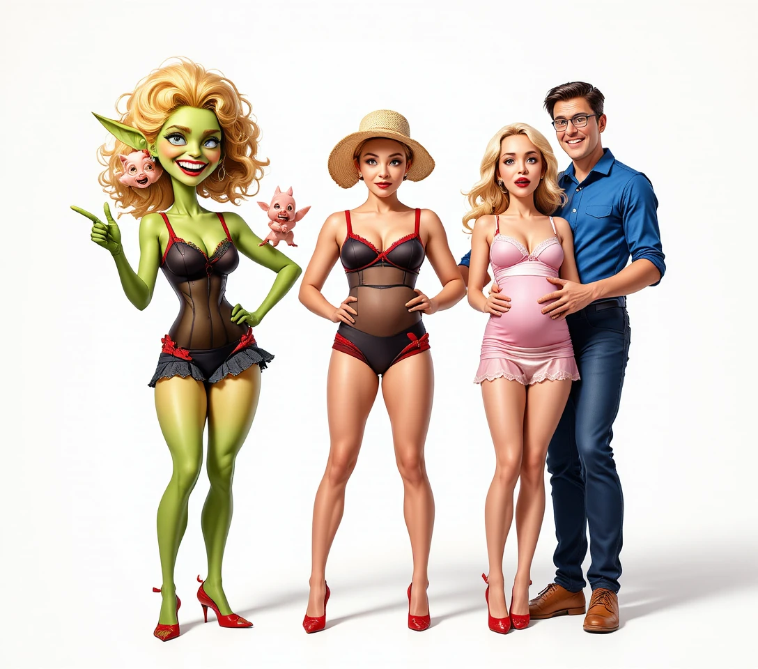 Um goblin de desenho animado bem-humorado e personagens assustados sobre um fundo branco e limpo