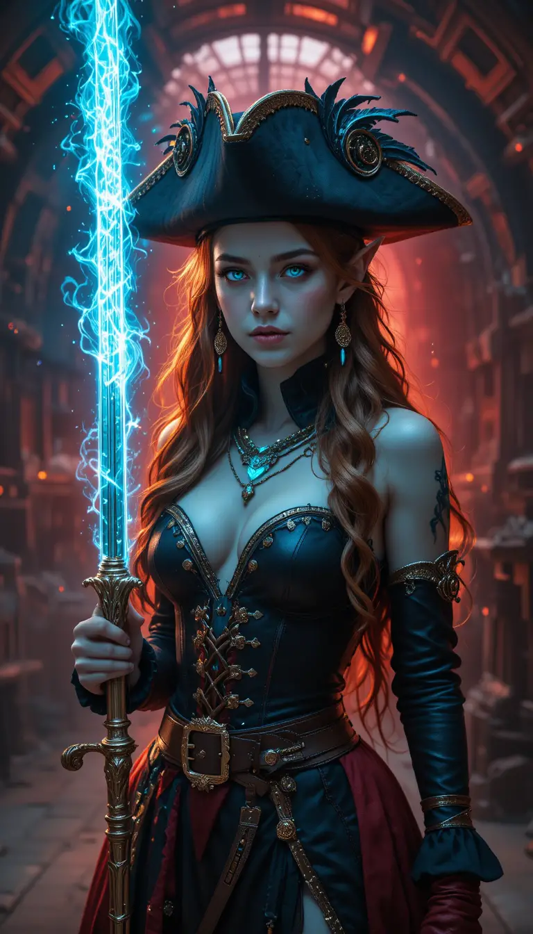 An elf pirate captain holds an enchanted rapier in a dark portrait