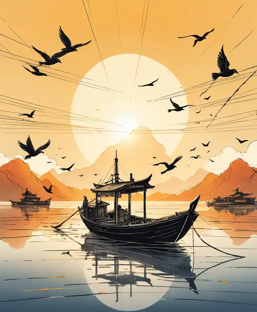 Un bateau de pêche traditionnel et des oiseaux en vol au coucher du soleil