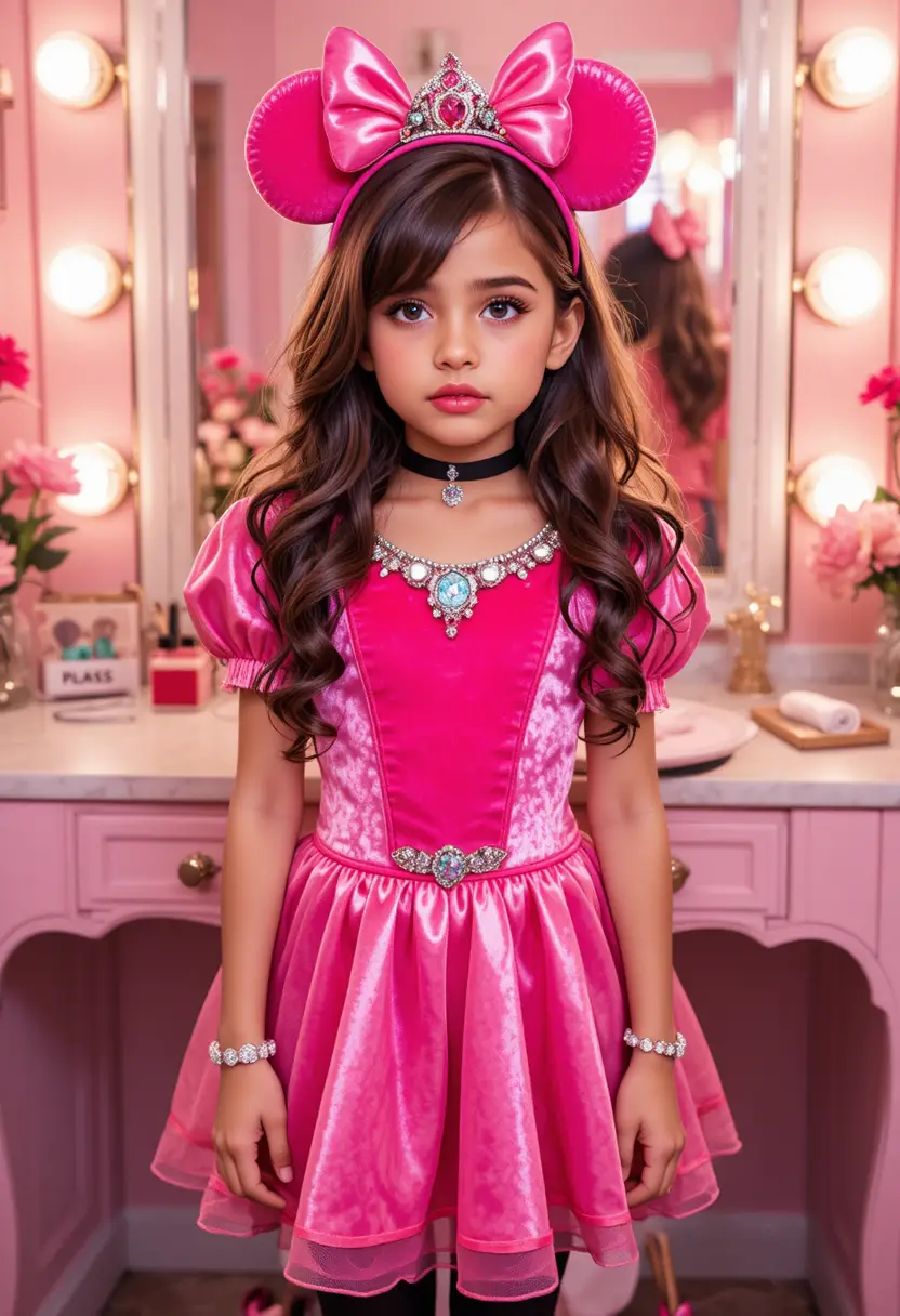 A nervous boy in a princess Minnie Mouse costume stands before a vanity