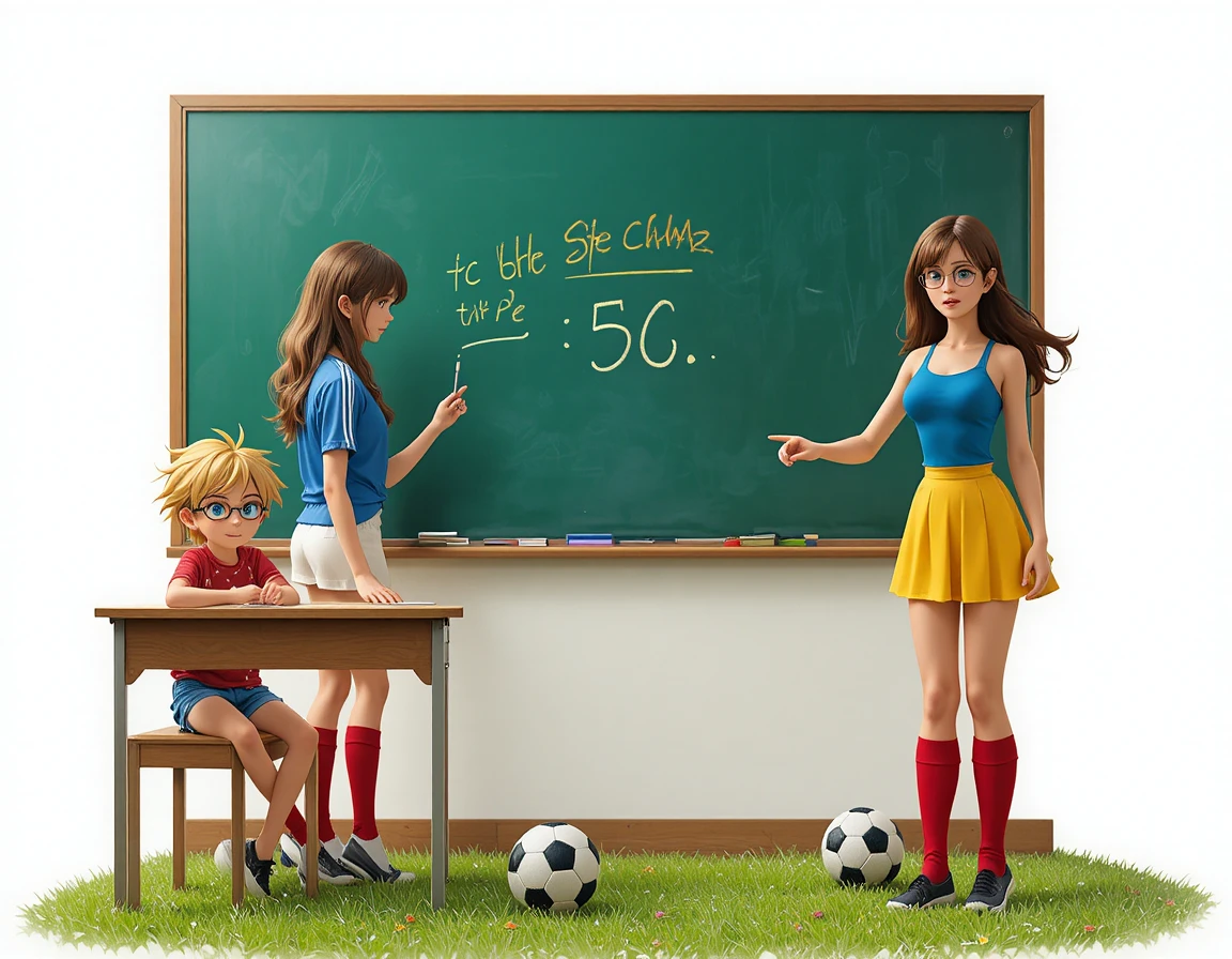 Um professor escreve no quadro diante de alunos ilustrados na sala de aula