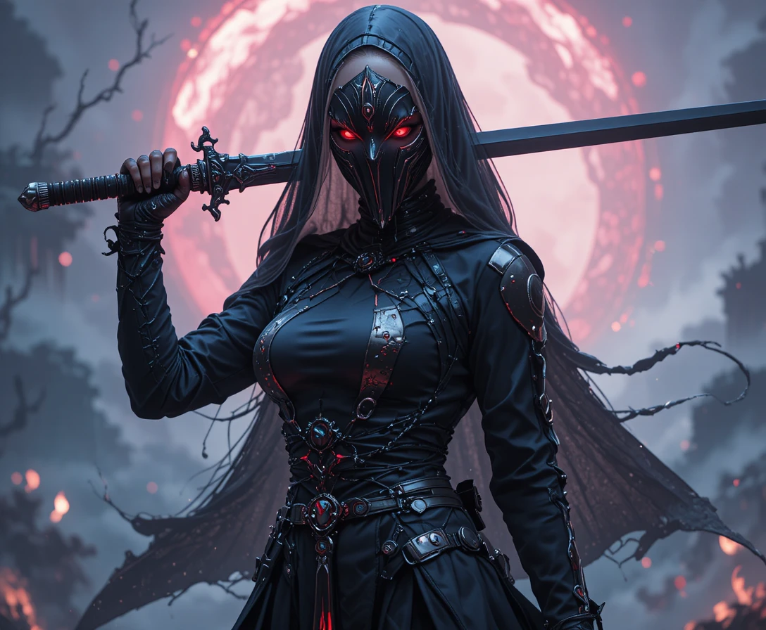 Assassine nonne d’anime masquée, armée d’une épée large dans un décor infernal