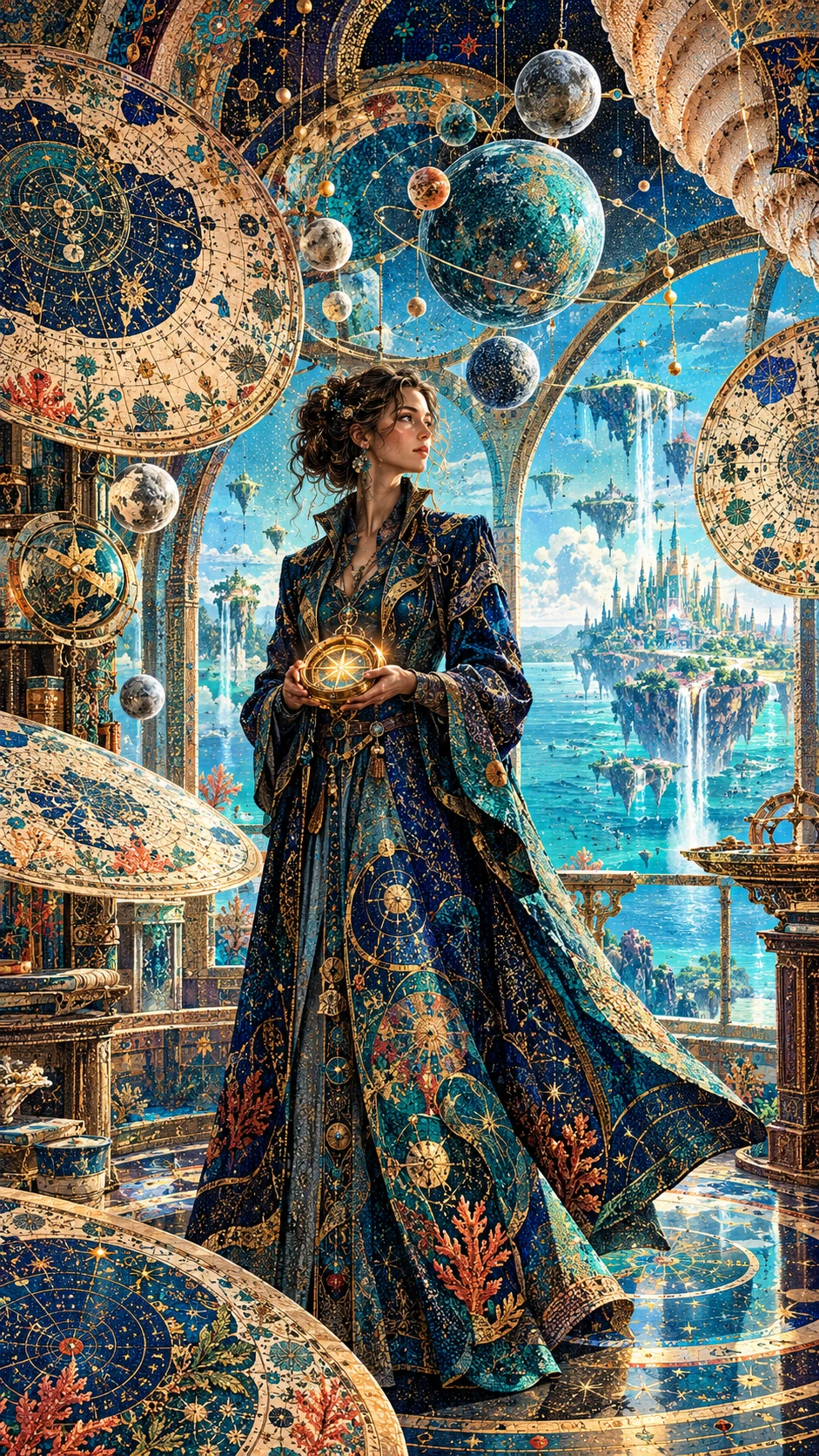 A female cartographer stands within a vast seashell observatory