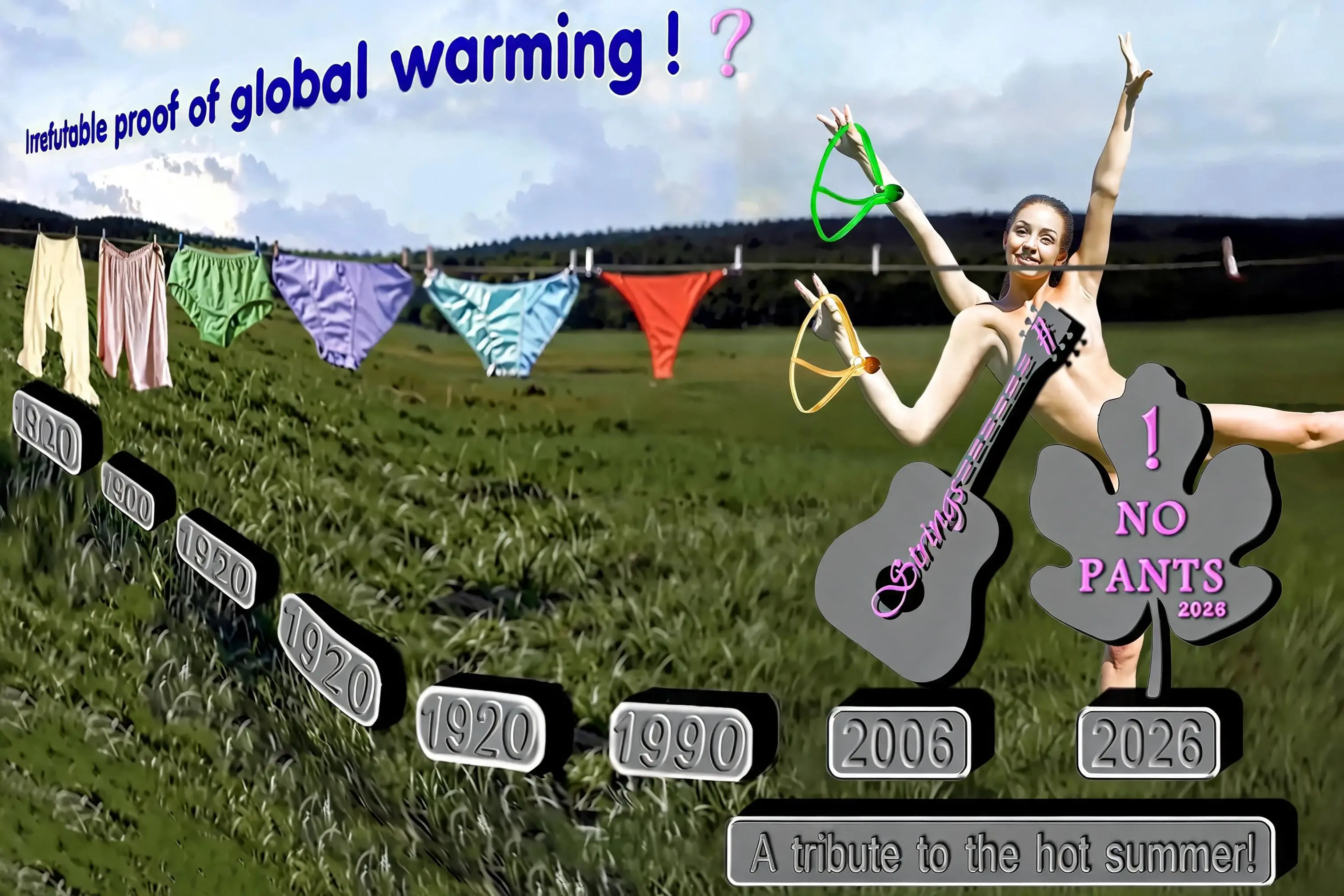 Bunte Unterwäsche hängt an einer Wäscheleine in einer grünen Landschaft
