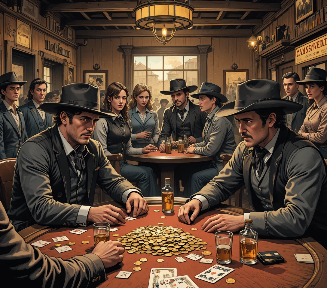 Two gamblers play poker inside a frontier town saloon