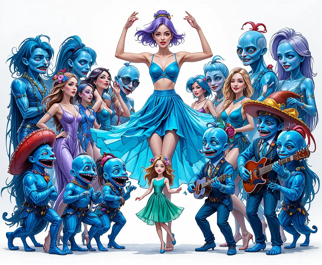 Drei Tänzerinnen umgeben drei blaue Zeichentrickfiguren in einer festlichen Collage
