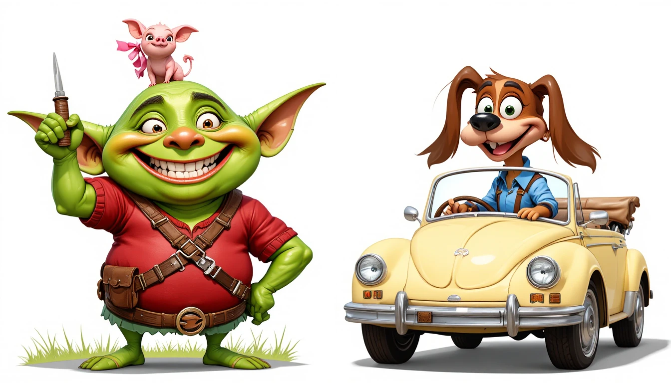 Um goblin sorridente aponta para cima com leitõezinhos empoleirados em sua cabeça