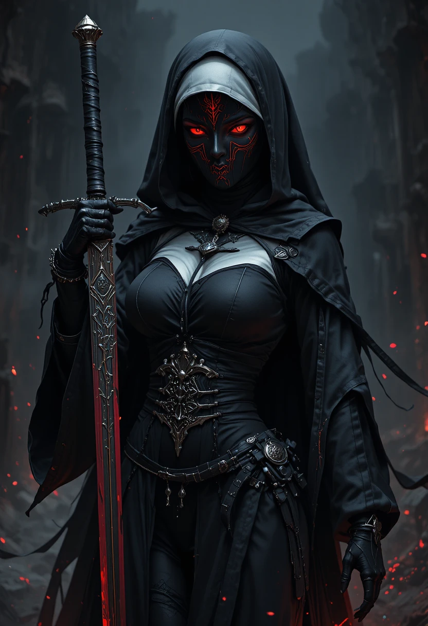 Uma assassina freira de anime mascarada empunha uma espada fantástica em um reino infernal