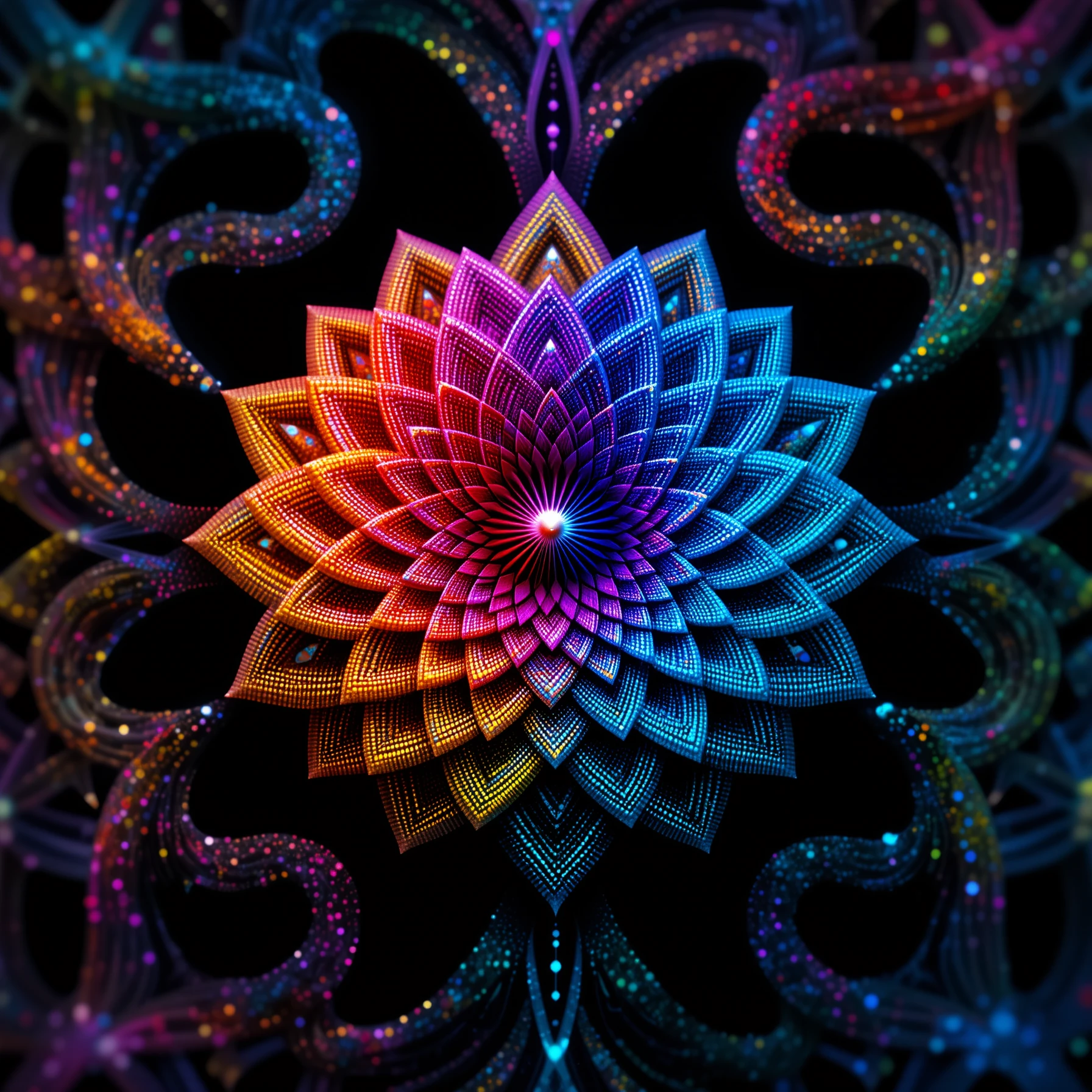 Uma mandala floral psicodélica irradia cores sobre um fundo preto
