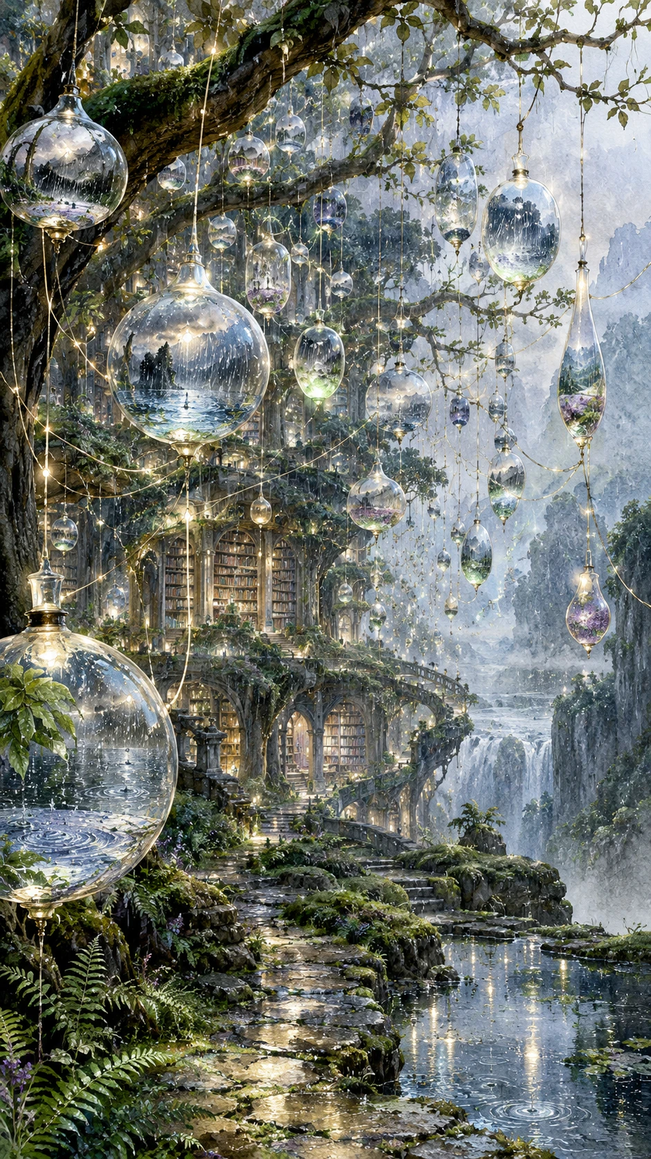 A hidden library of glass vessels across a rainy landscape