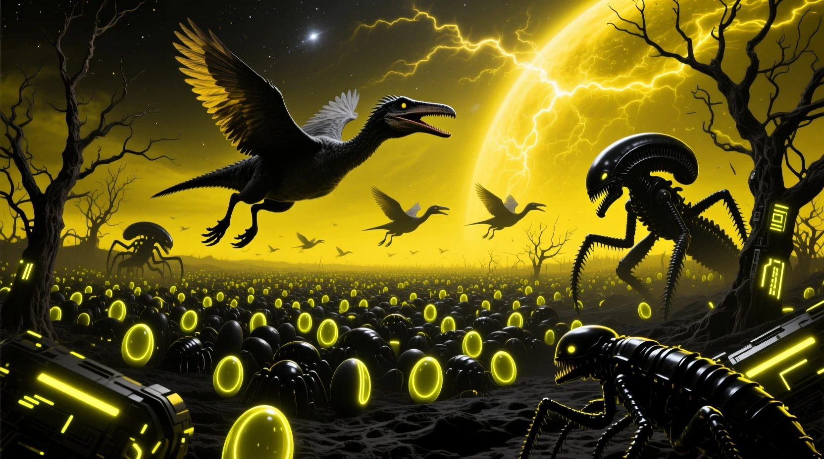 Mutated oviraptors fly over withered trees beneath a dark yellow sky