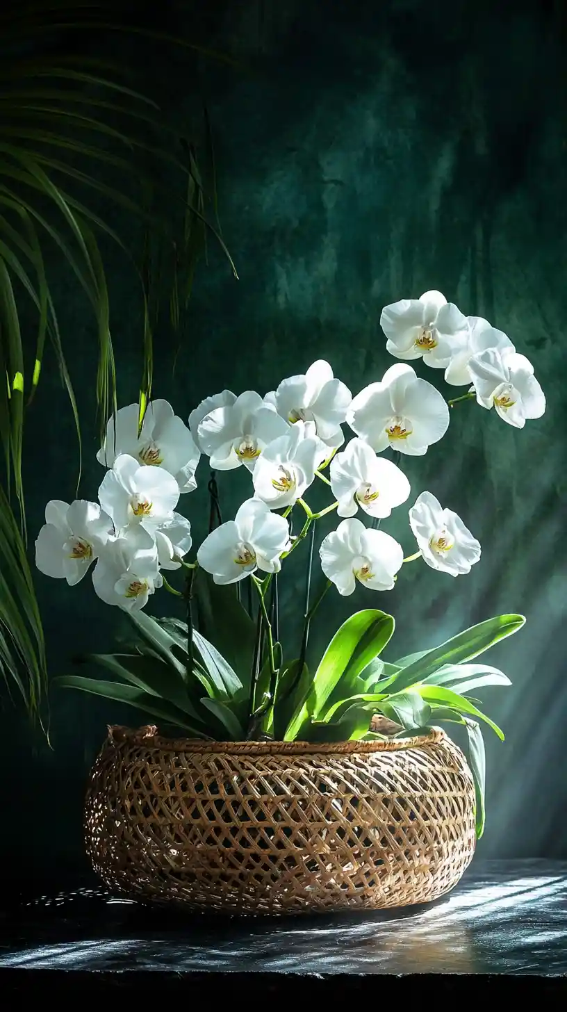 Fiori in piena fioritura in un cesto decorato su ardesia scura