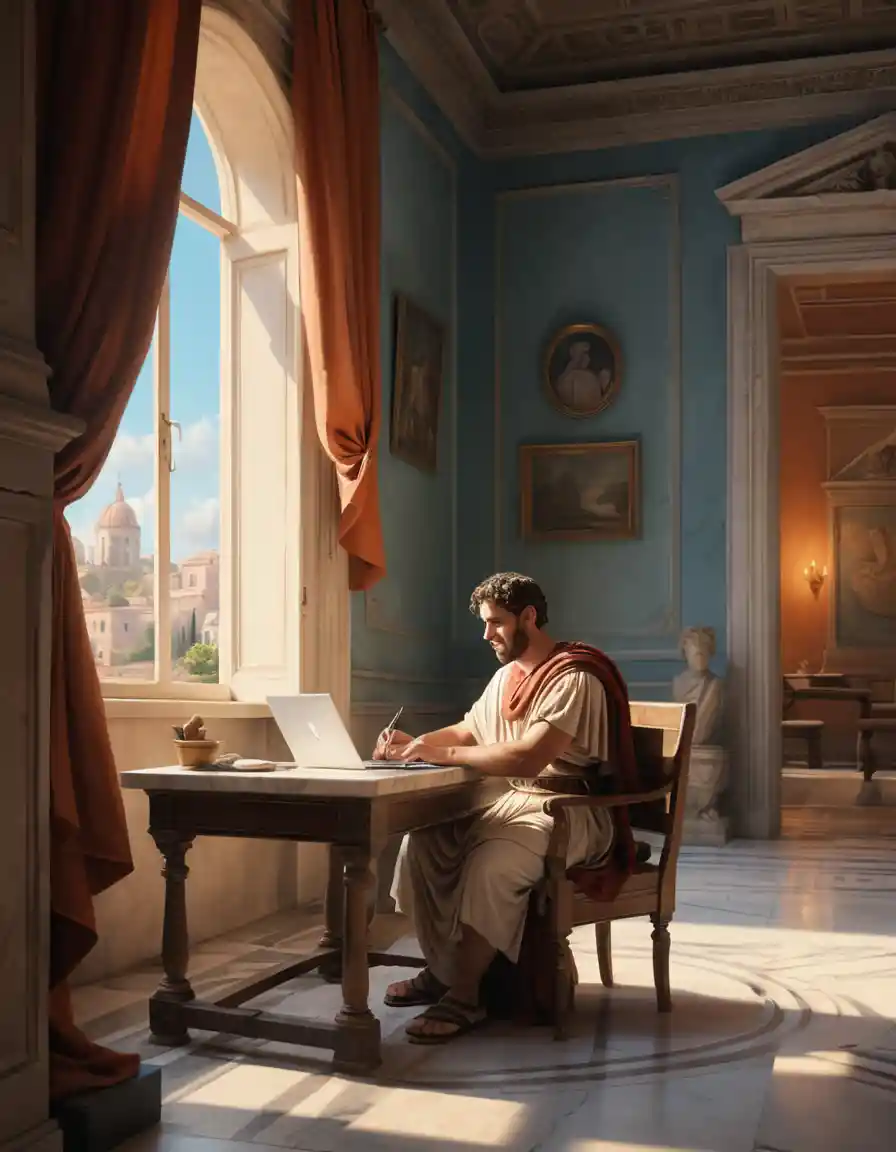 A Roman scribe uses a laptop in a classical room