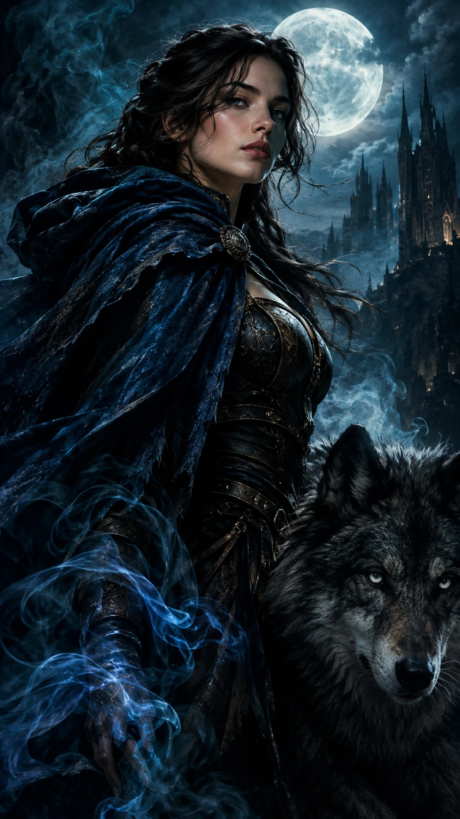 A fantasy superheroine surrounded by magical smoke and moonlight