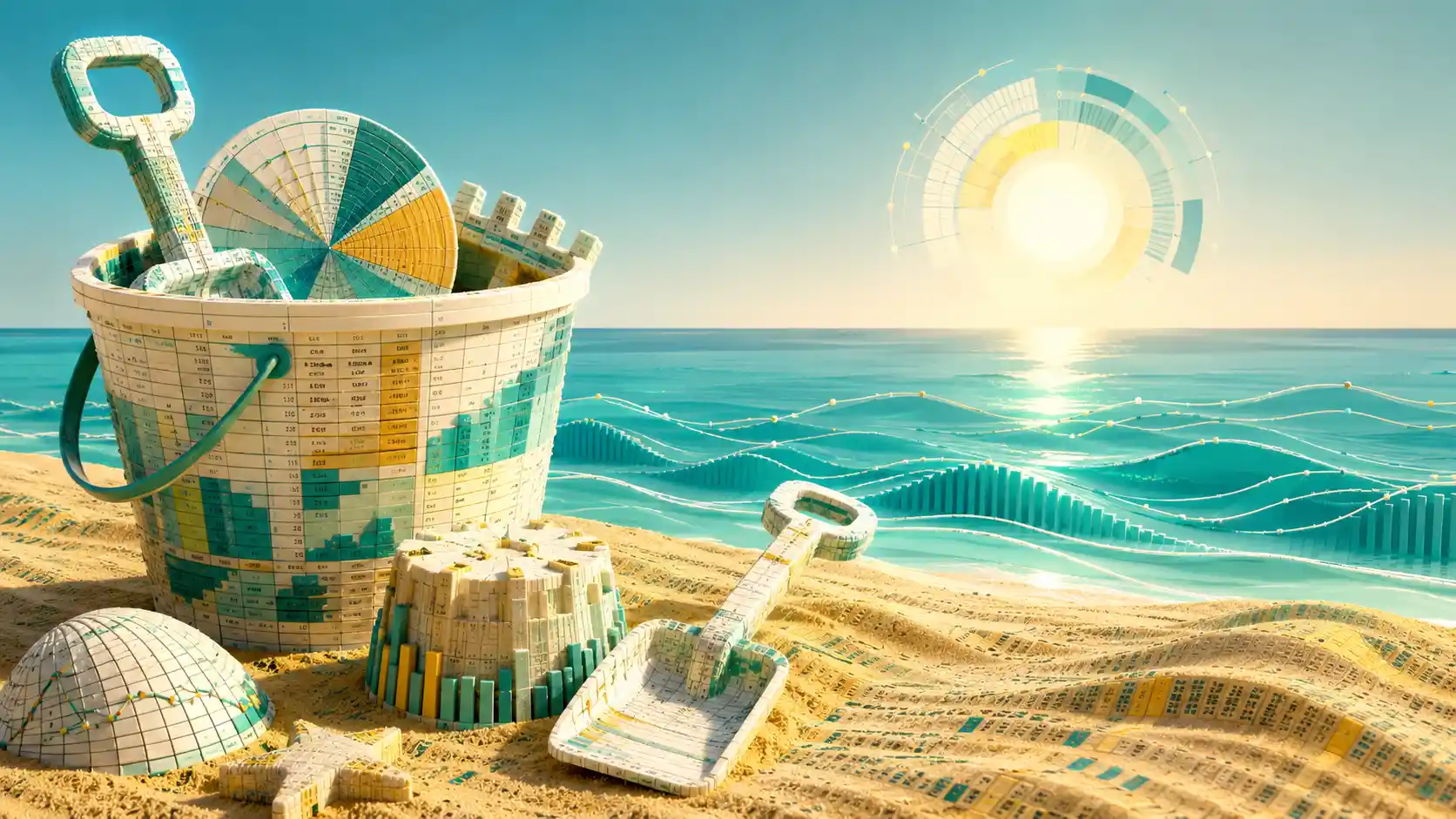 Un secchiello e giocattoli da spiaggia creati con i dati accanto a un oceano turchese