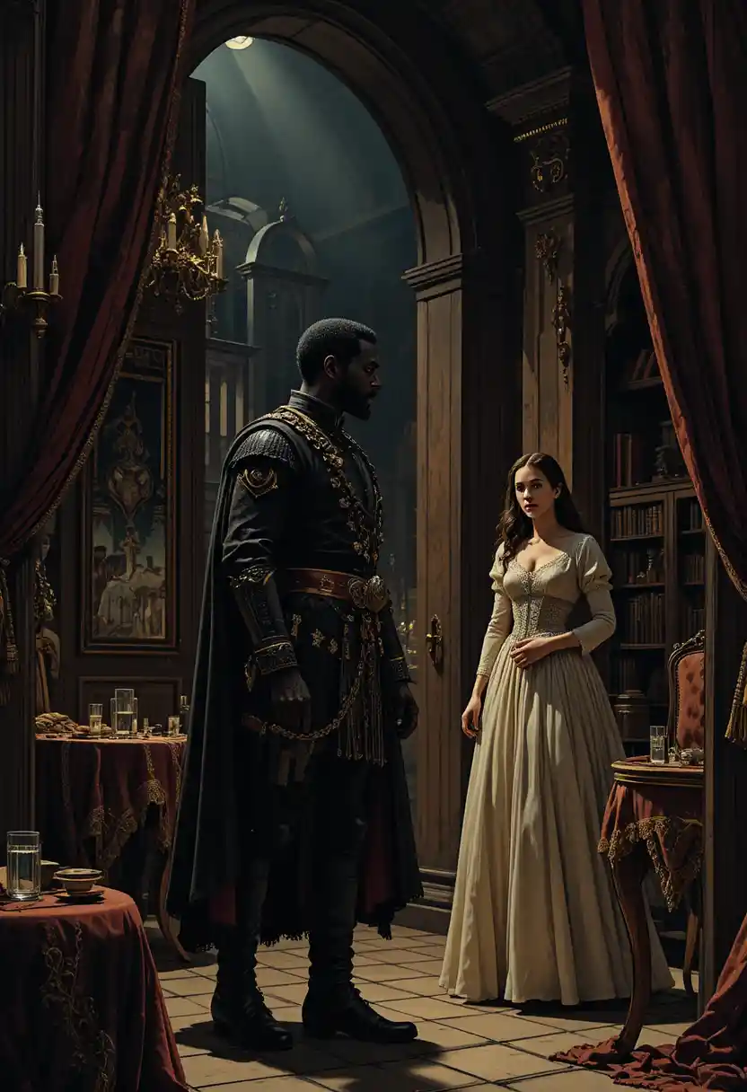 Othello Stands in a Venetian Chamber as Desdemona Looks On