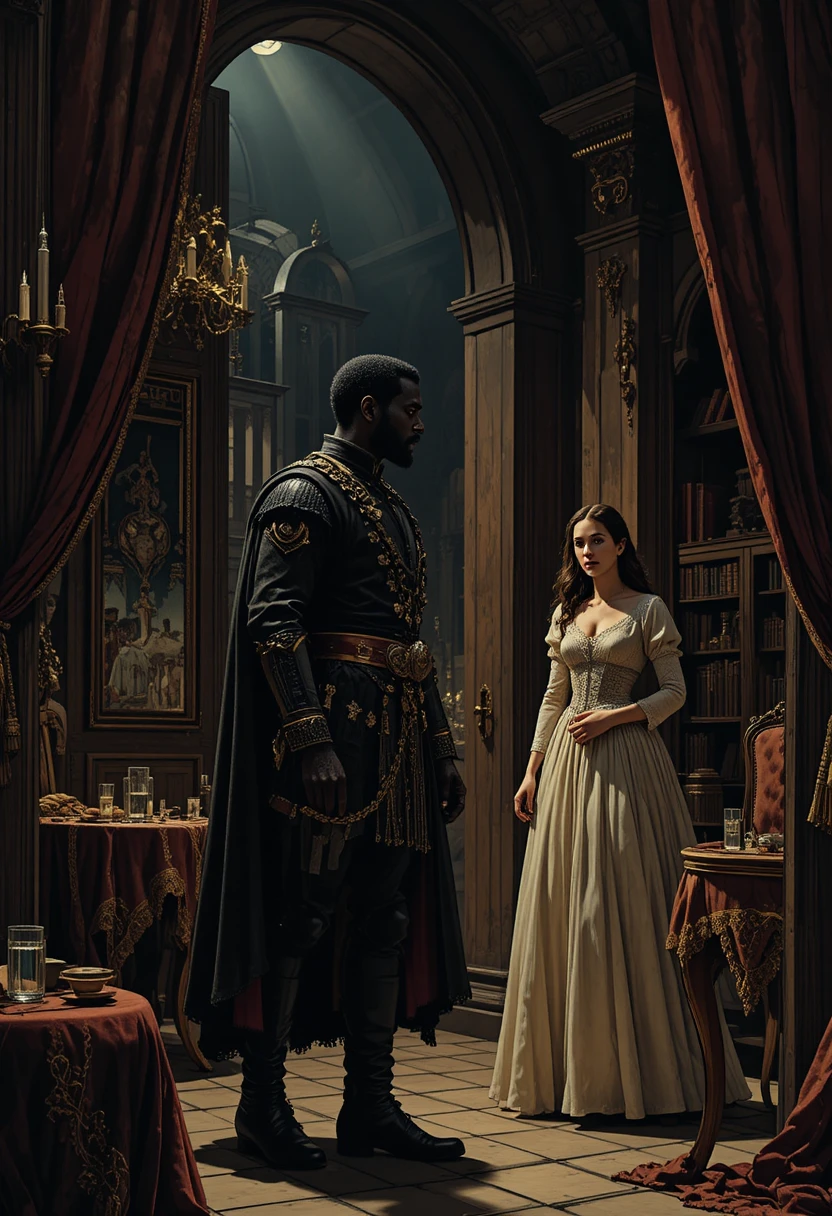 Othello Stands in a Venetian Chamber as Desdemona Looks On