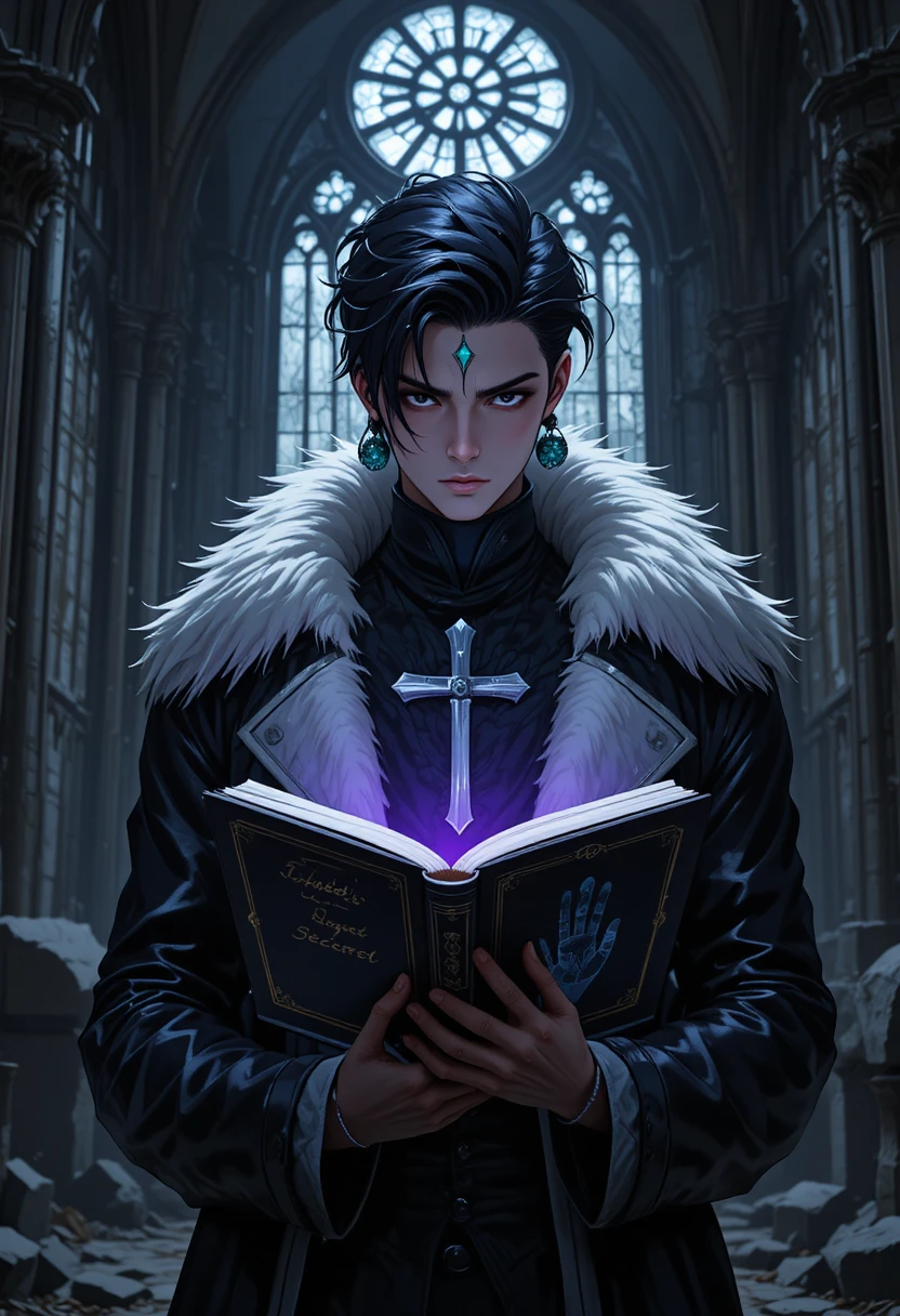Chrollo Lucilfer segura um livro misterioso em uma catedral gótica em ruínas