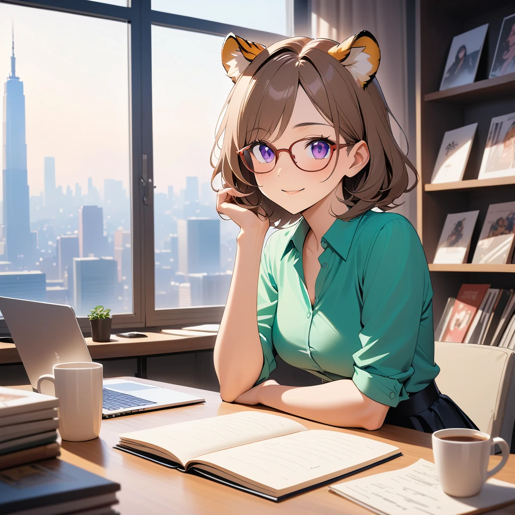 Eine Tigerfrau als Redakteurin lächelt an ihrem Schreibtisch in einem modernen Büro