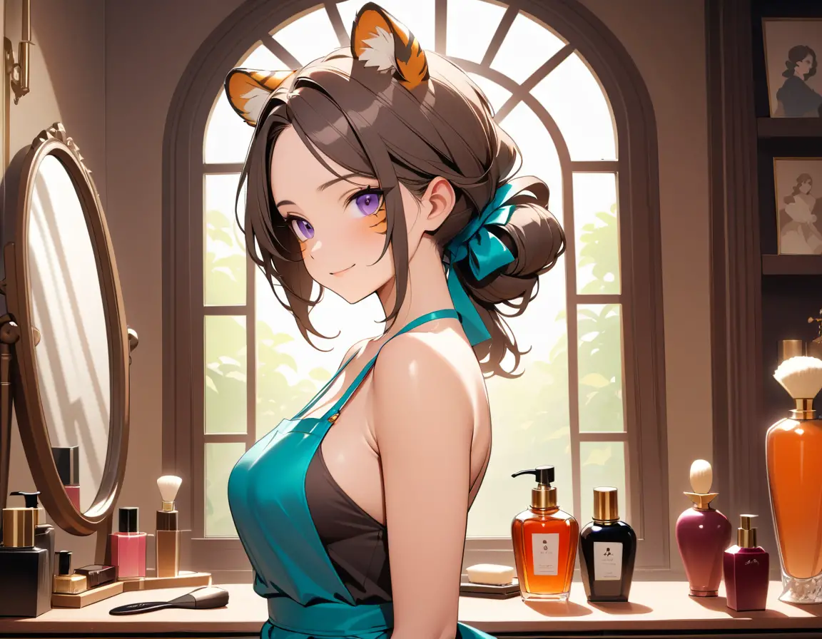 Une coiffeuse aux traits de tigre sourit dans un salon parisien vintage