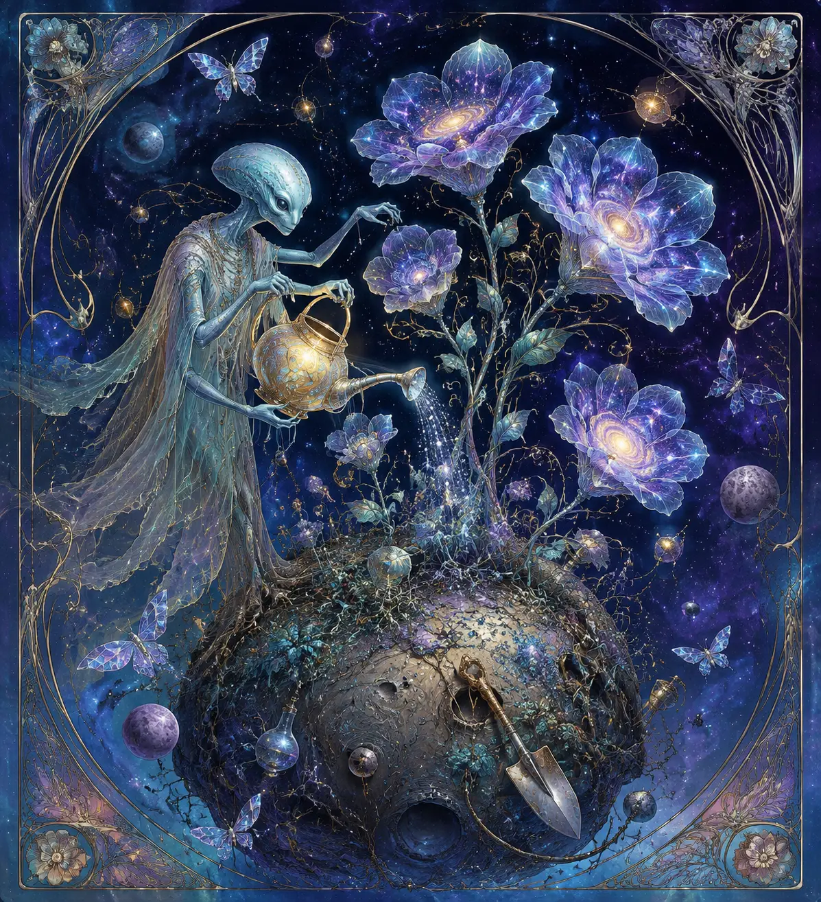 An alien gardener tends vast flowers on a tiny asteroid