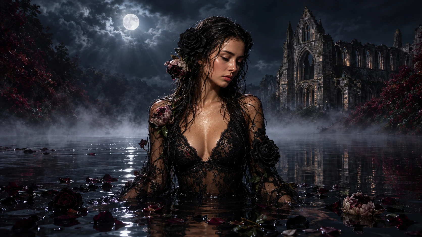 Uma mulher gótica está em um lago enevoado sob o luar