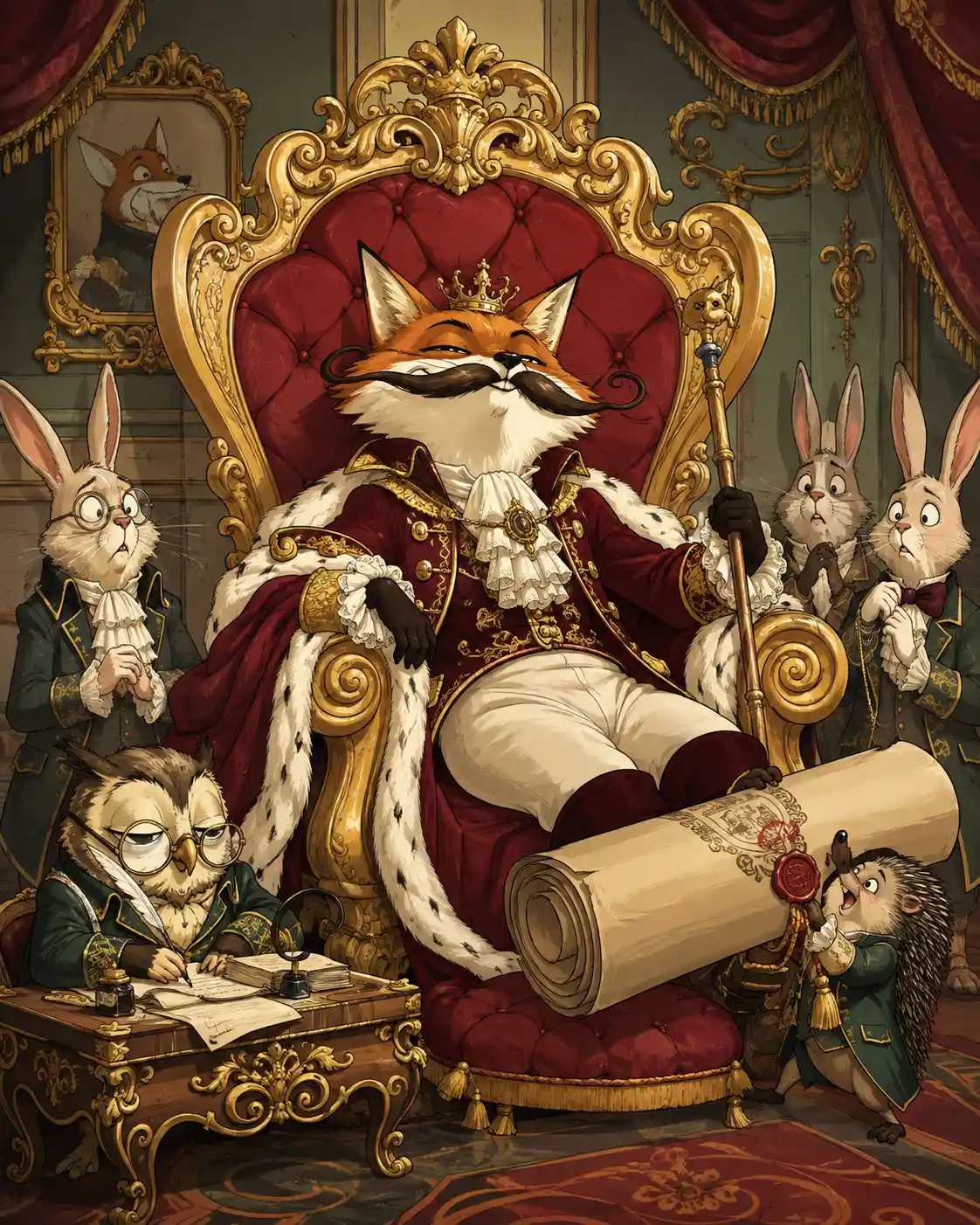 Um orgulhoso rei raposa reina num trono dourado gigantesco