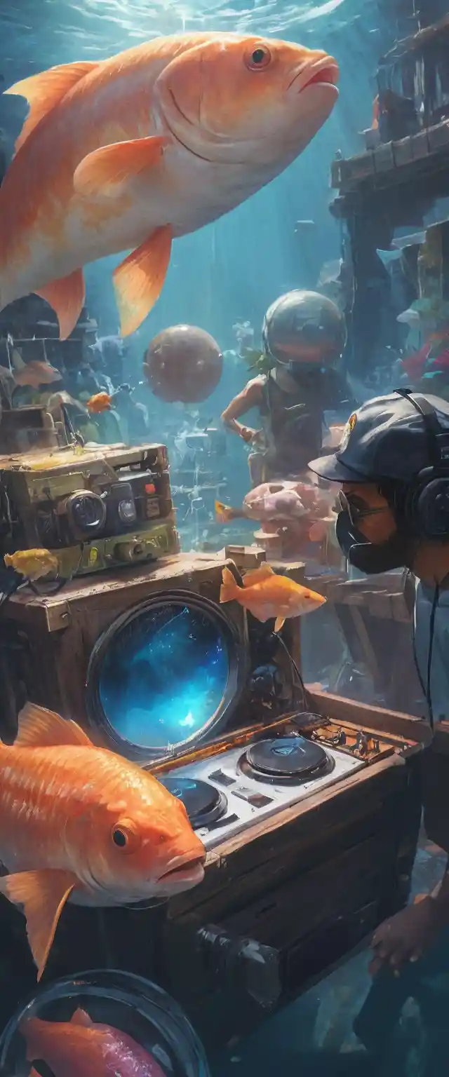 Tres peces DJ organizan una fiesta disco submarina junto a altavoces luminosos