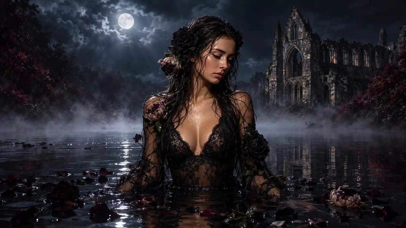 Uma mulher gótica está em um lago enevoado sob o luar
