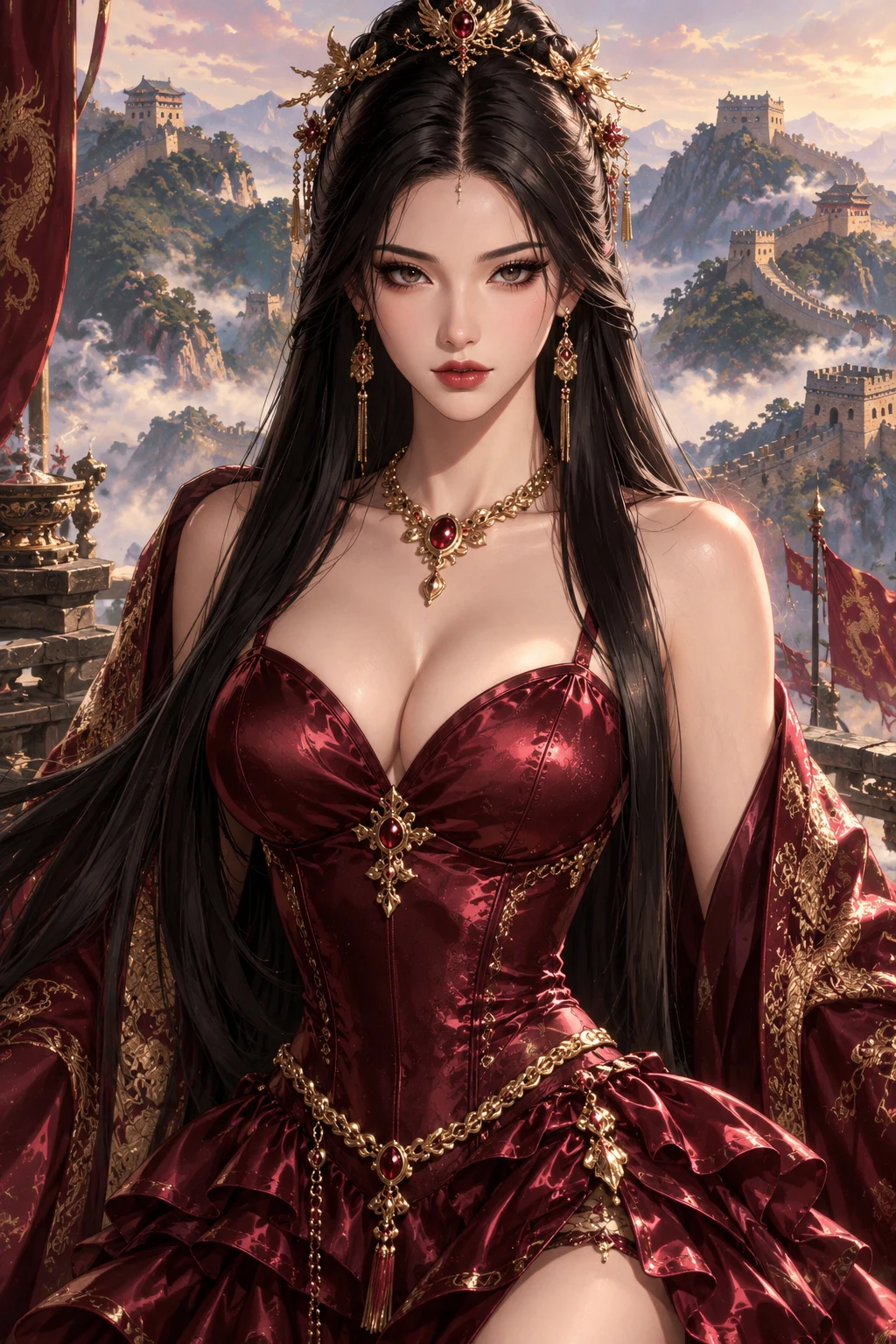 Uma rainha chinesa usa um top brilhante e uma saia com babados em um retrato de frente