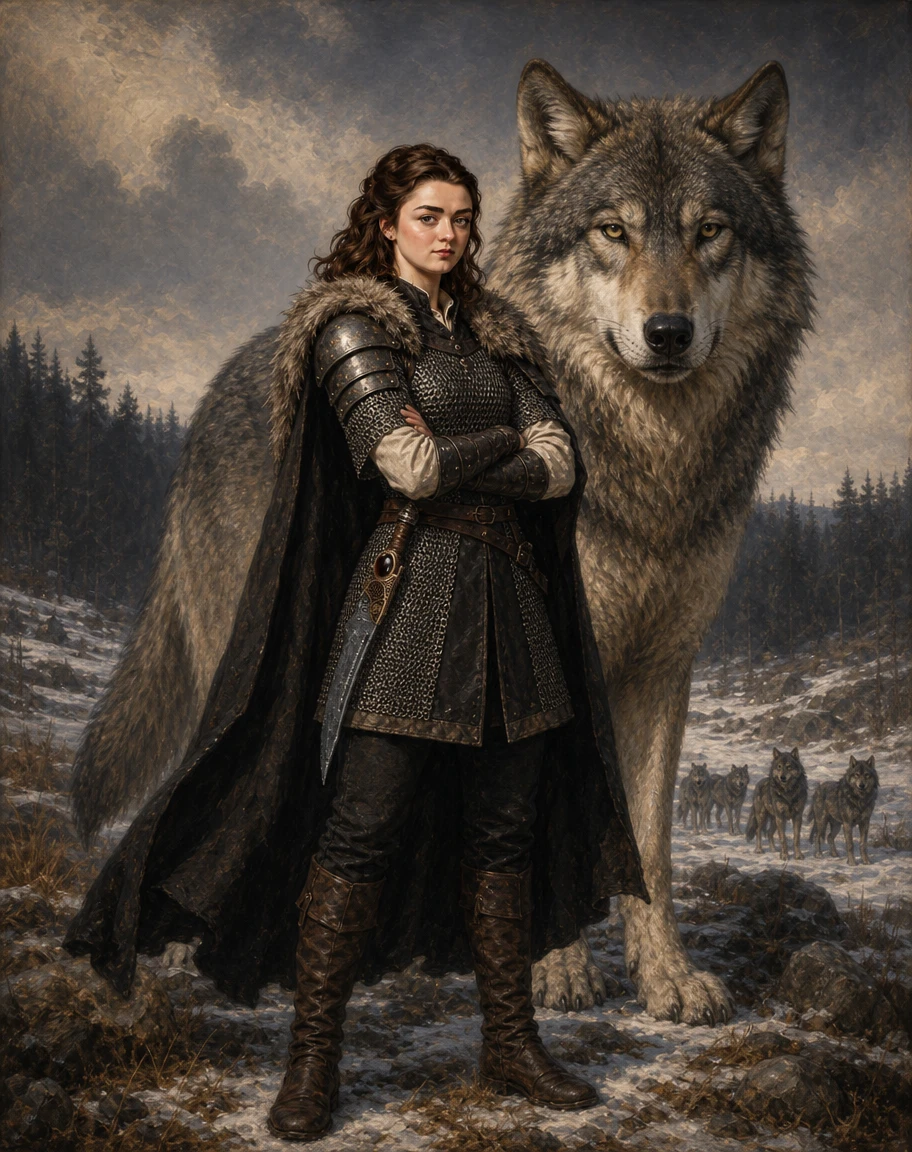 Uma jovem de armadura diante de um lobo terrível em um campo nevado