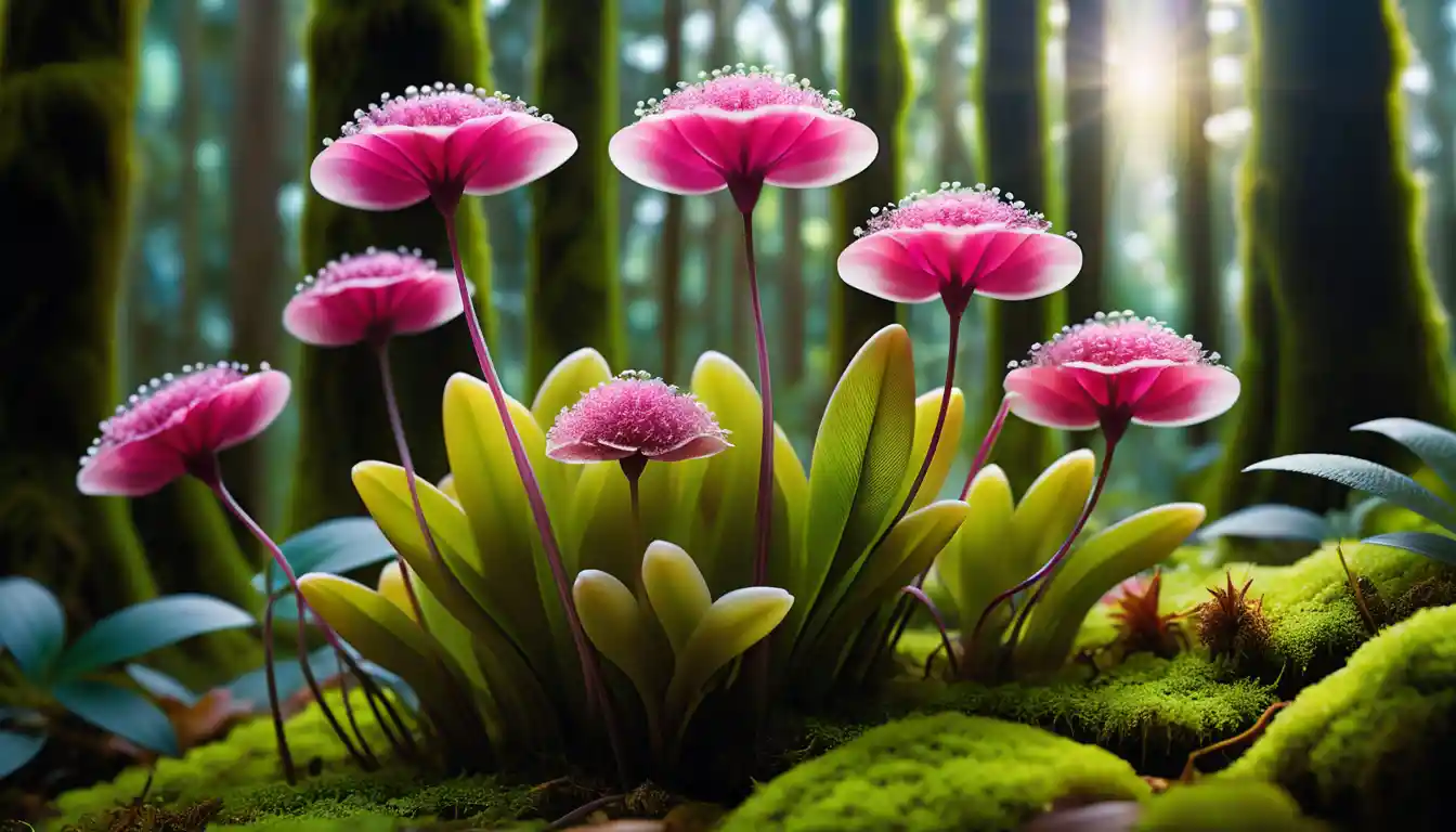 Flores turquesa y magenta brillan bajo coronas de filamentos blancos en un bosque