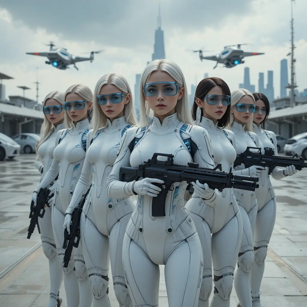 Guerriere di fantascienza pronte in una formazione militare tattica