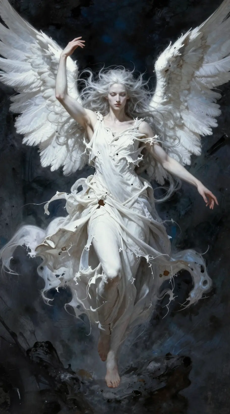 A powerful seraph with flowing silver hair and large white wings