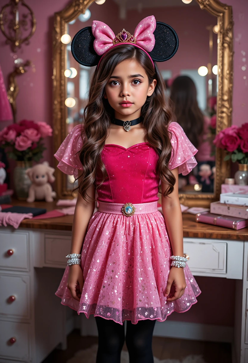 A nervous boy in a Minnie Mouse princess costume stands before a vanity