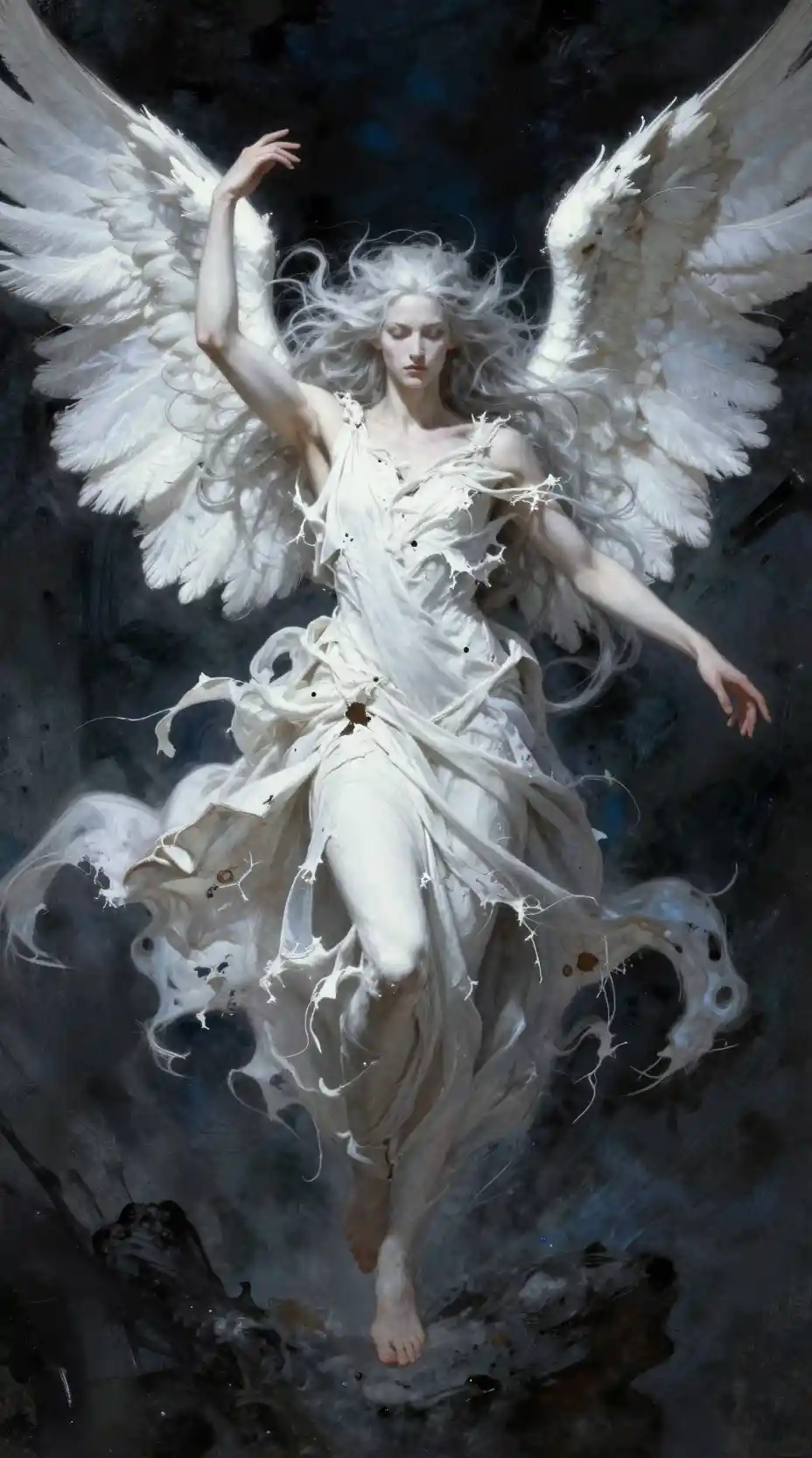 Ein mächtiger Seraph mit wallendem silbernem Haar und großen weißen Flügeln