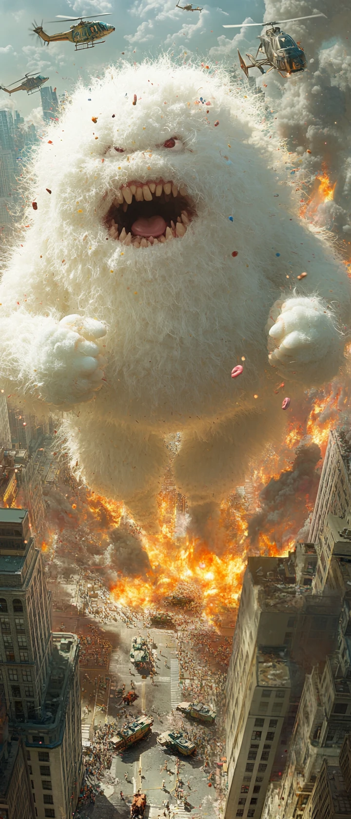 A giant white monster unleashes fire across a miniature metropolis