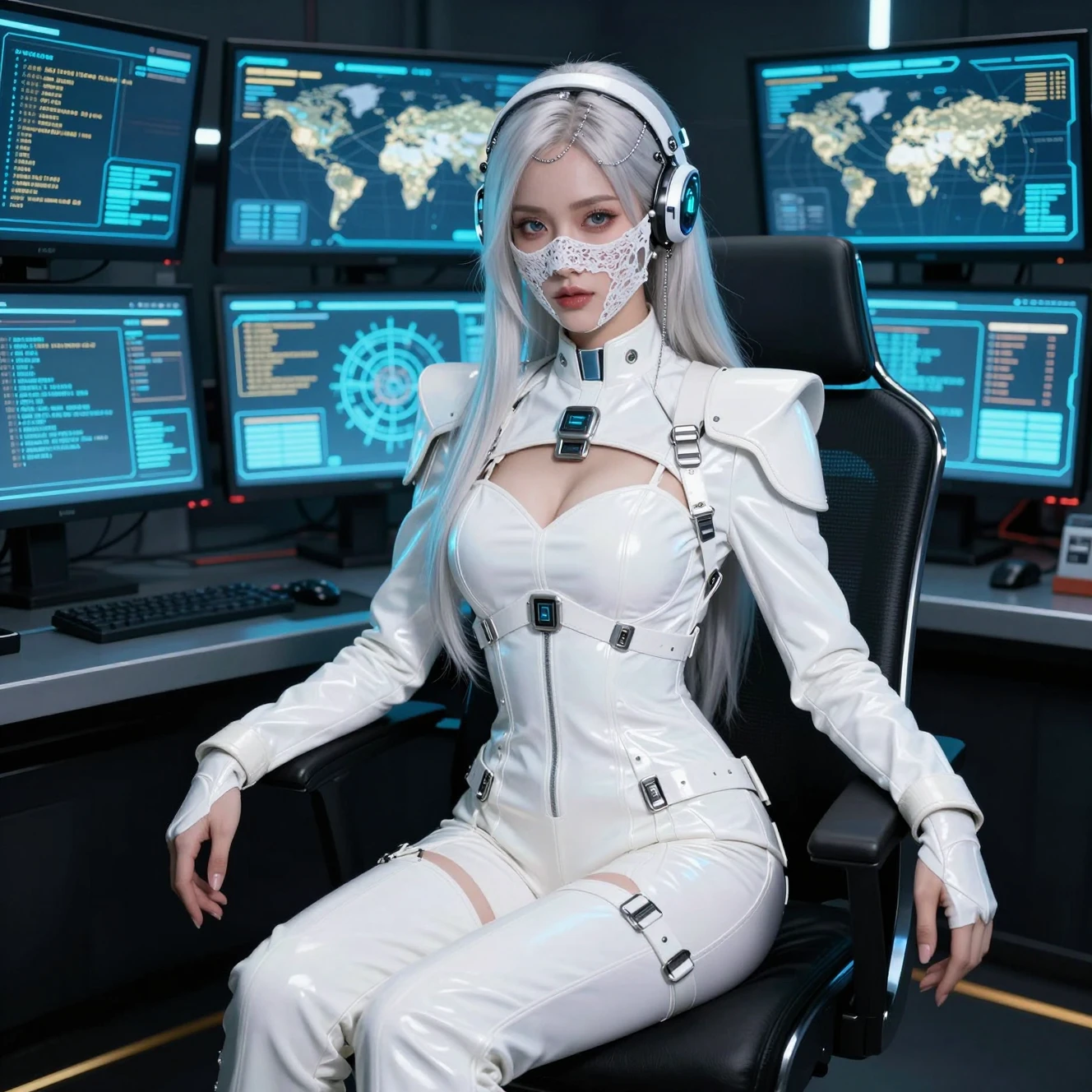 Ein kybernetischer Hacker vor leuchtenden Bildschirmen in einem futuristischen Kontrollraum